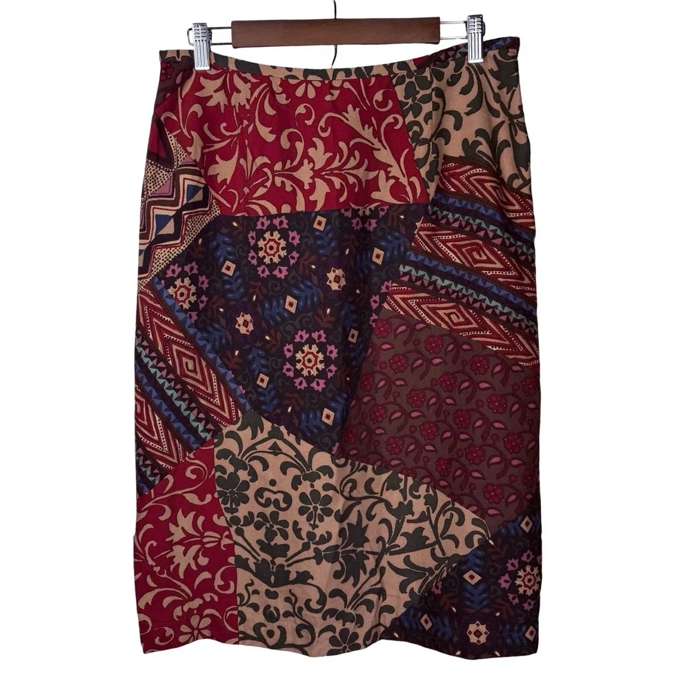 Harold's 100% Silk Patchwork Print Pencil Skirt Red‎ Geometric Midi Size 10